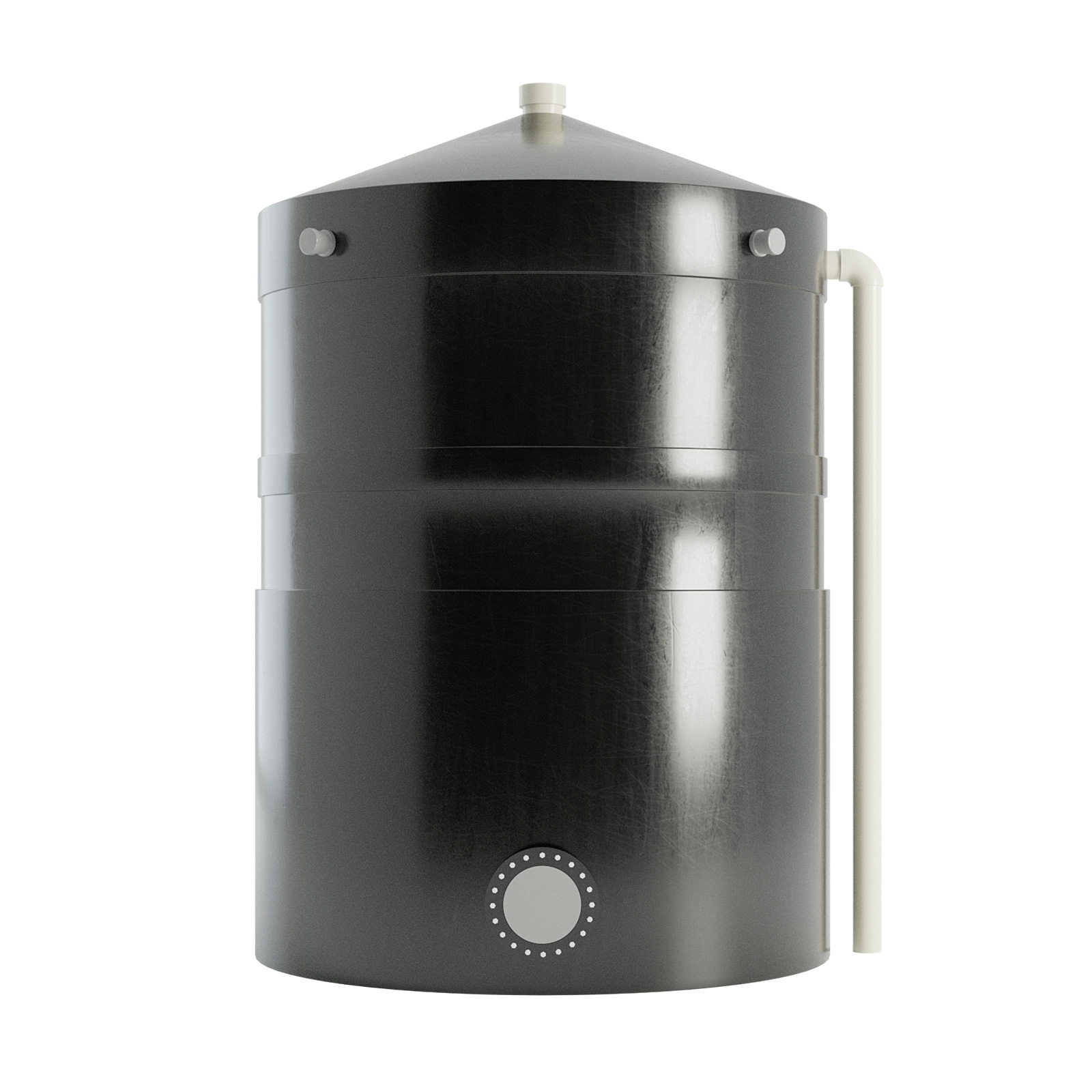 Black chemical storage tank with white pipe on right side