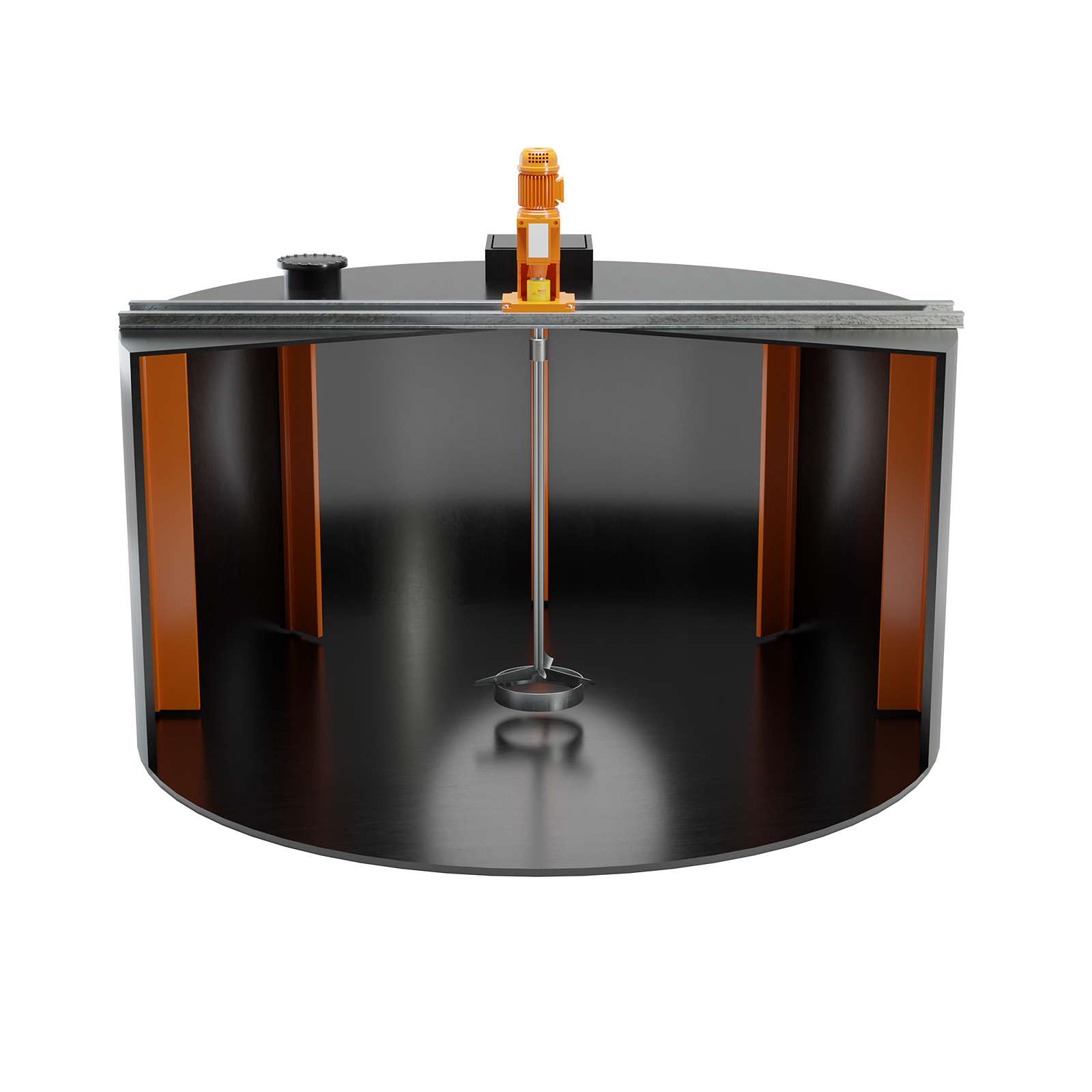 Black mixing tank with orange panels inside