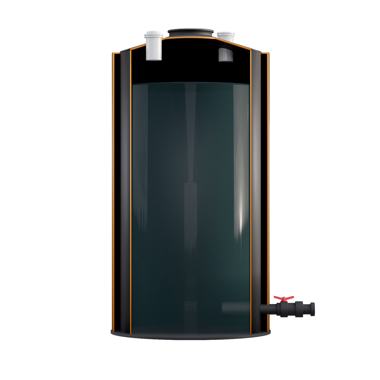 Black chemical storage tank with orange trim around and a black hose at the bottom