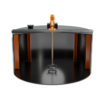 A black mixing tank with orange panels inside