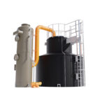 Black bulk tank with orange pipe connected to grey tank