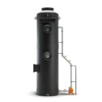 Black fume scrubber with grey pipes connected to it and a orange cannister