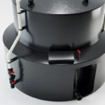 3d model of a black tank with black hose at the bottom right connected to a white pipe